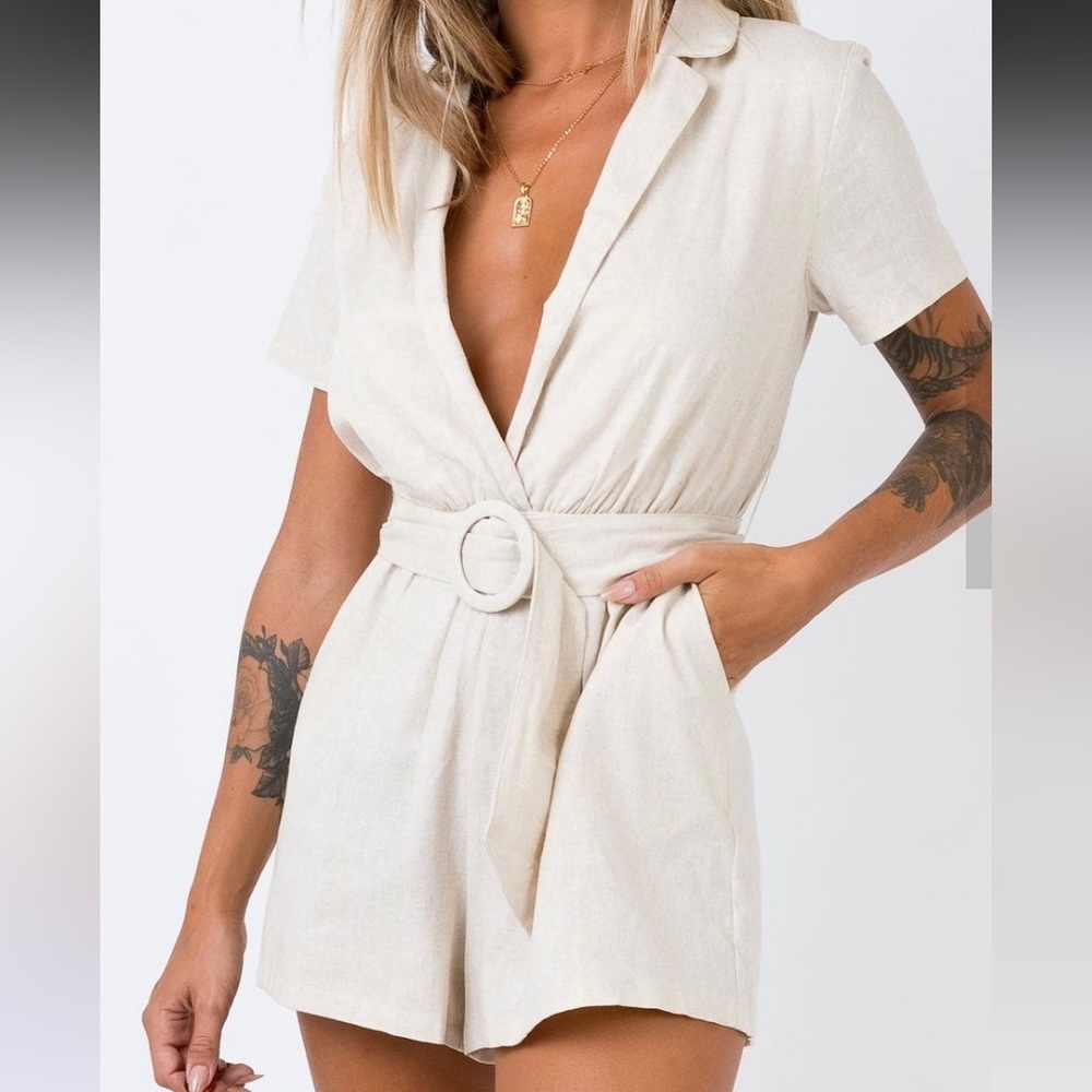 Princess Polly Tan Linen Romper with belt